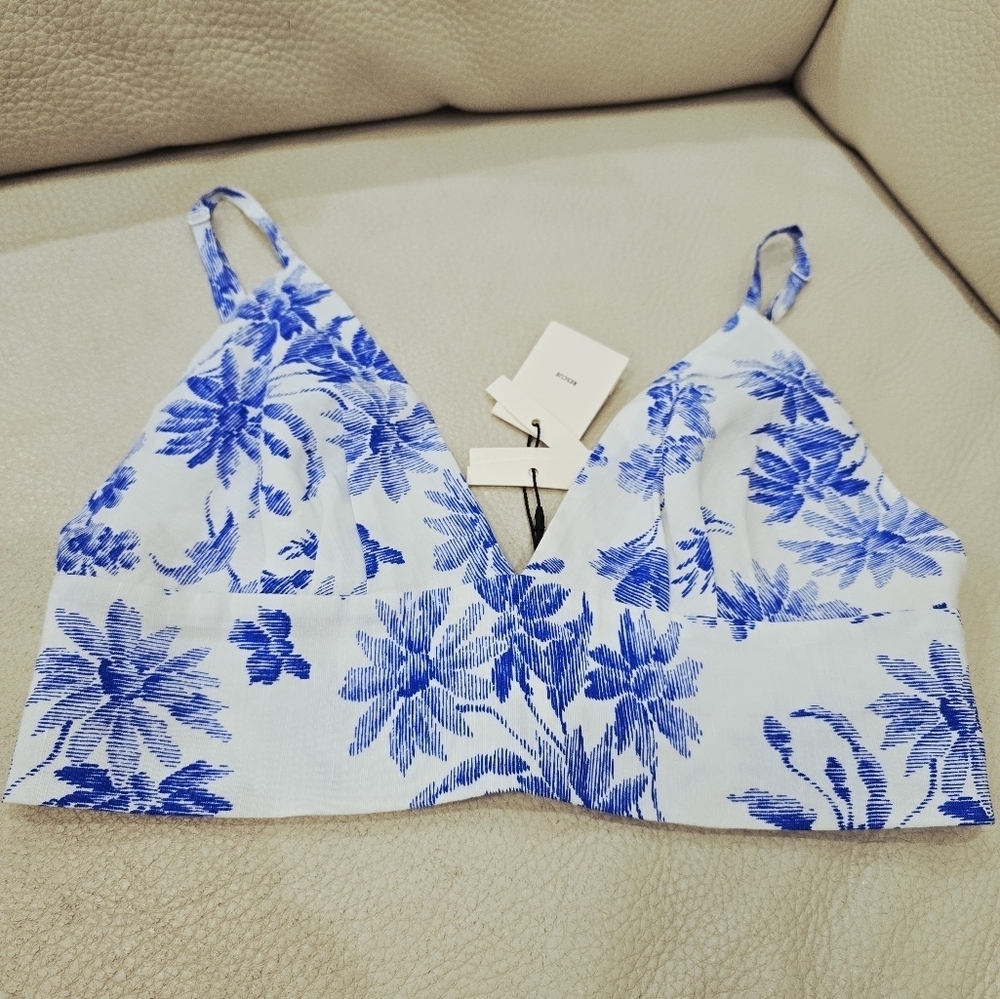 SANDRO Floral Blue WHITE CROP Bralette Top LINEN VISCOSE lined Size 1 S - Picture 3 of 15